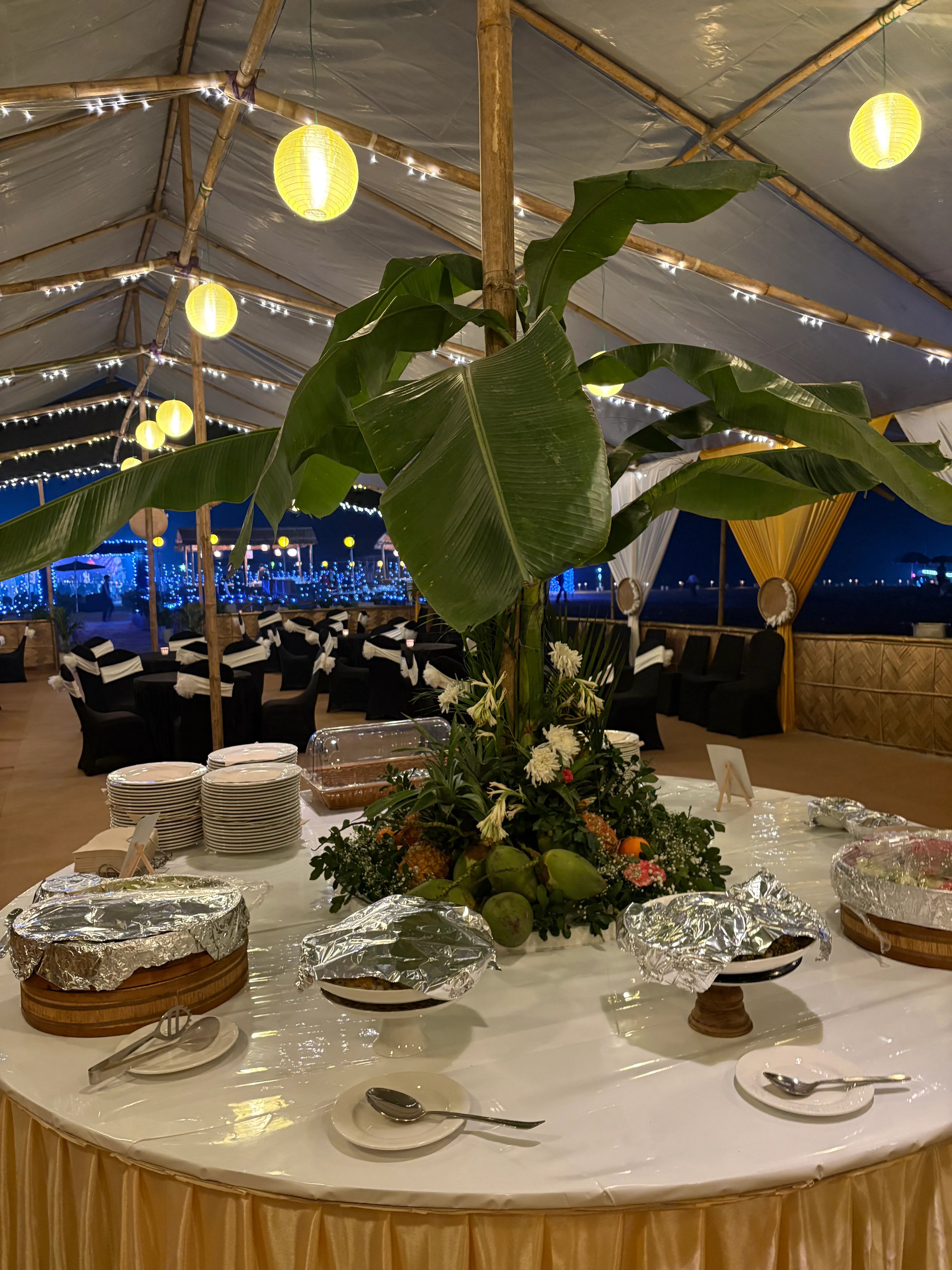 Decorated dining hall interior for a wedding on the river island