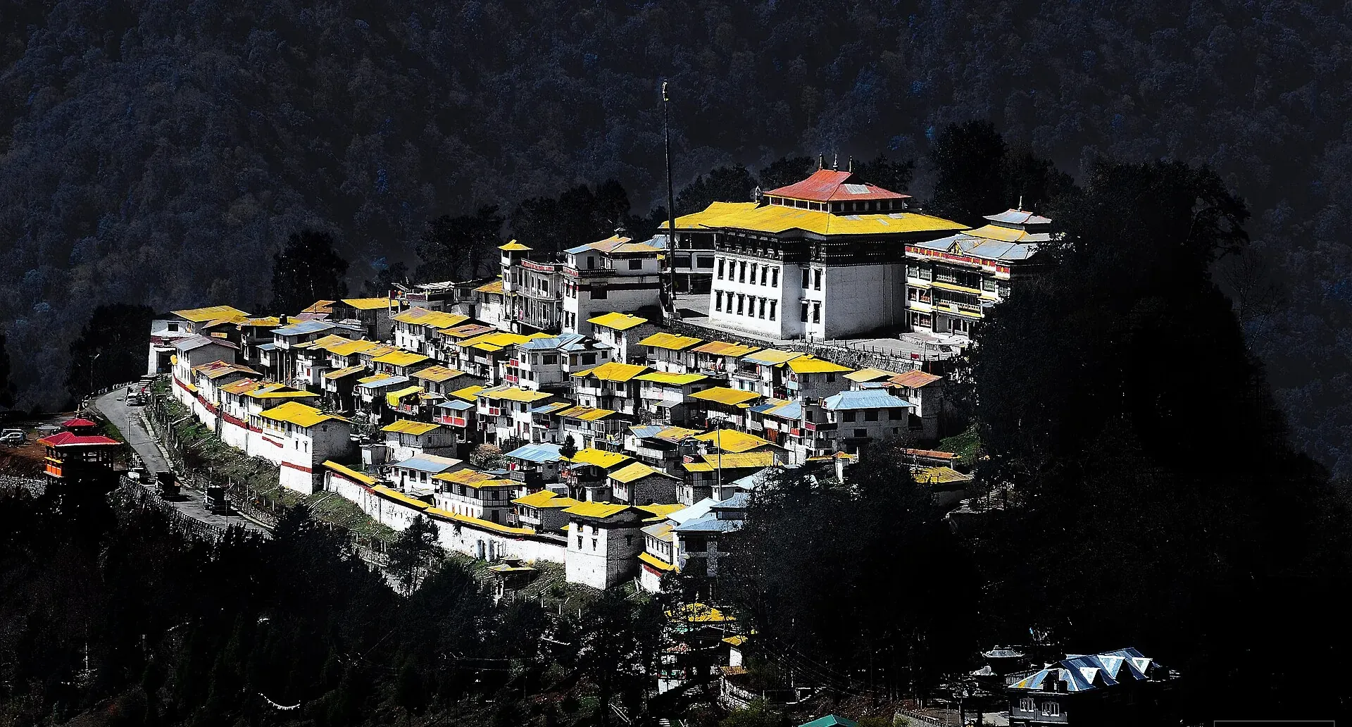 Tawang Monastery complex on a sunlit hilltop — white walls and clustered yellow roofs around the main assembly hall, against a dark forested mountainside