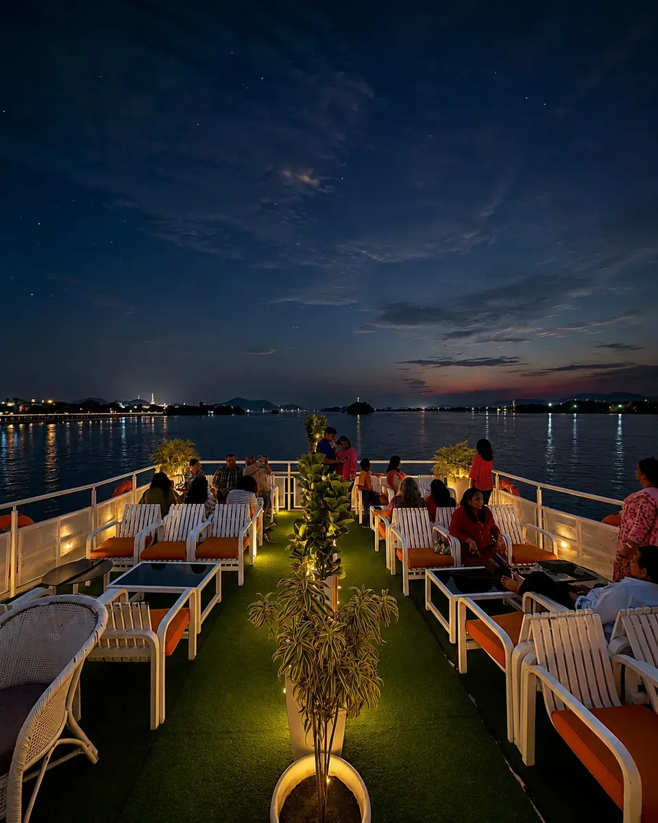 Guests on the open upper deck of Alfresco Grand at night, city lights reflected on the Brahmaputra