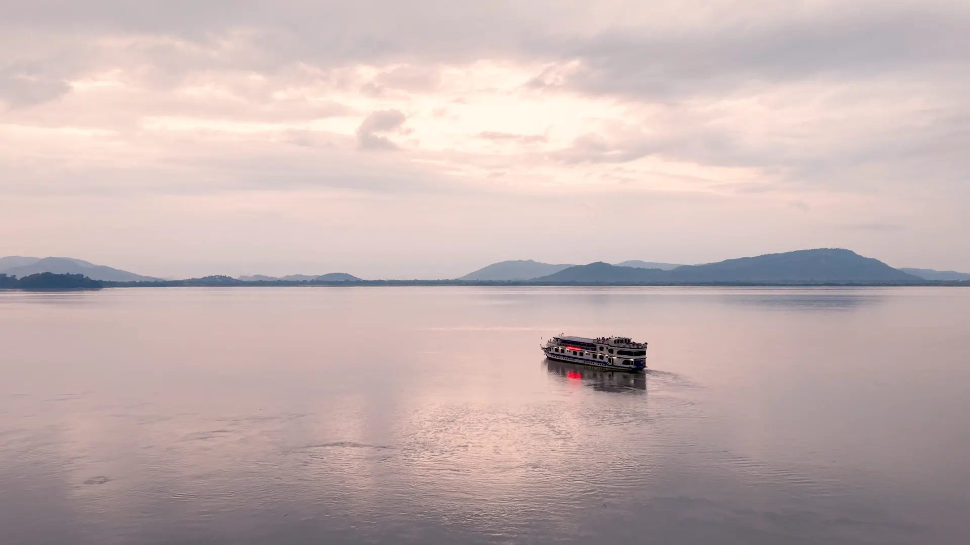 Aerial drone view of the Alfresco Grand cruise on the Brahmaputra river in Guwahati